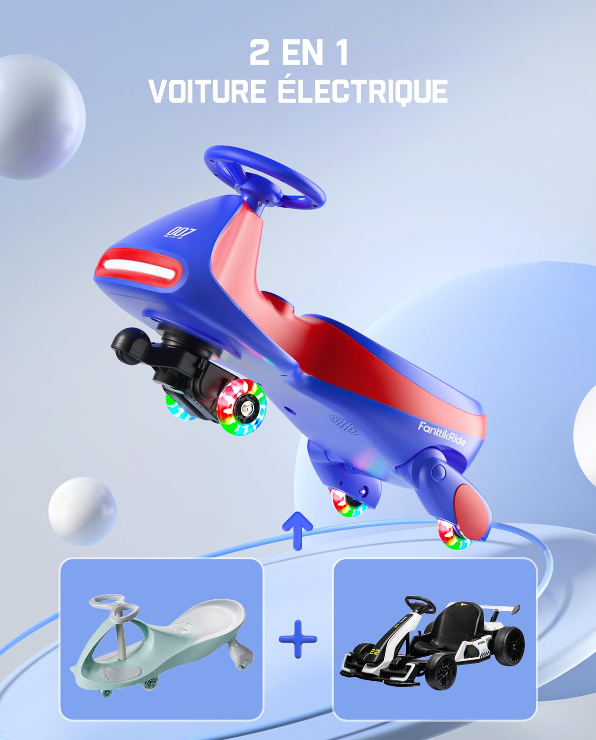 FanttikRide 12V N7 Pro Electric Car for Children, Anti-Tip, Ergonomic, 2 in 1, 2 Speed, Flashing Wheels, Bluetooth, Type-C Charging, for Children from 3 Years, Red and Blue.