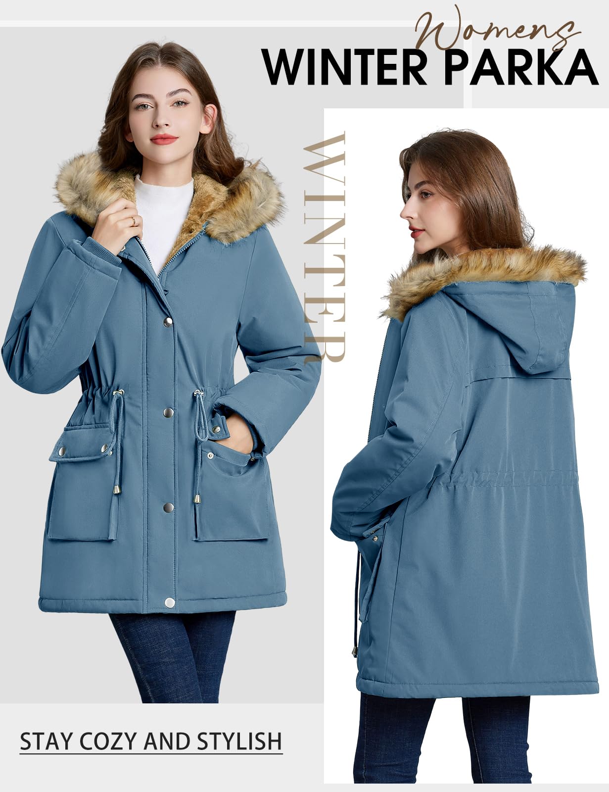 Lonya Manteau Femme Hiver Parka - Veste Polaire Imperméables Manteau à Capuche Zippé Chaud Blouson Doublure en Peluche Fausse Fourrure Parka Jacket Hooded Outercoat avec Poches