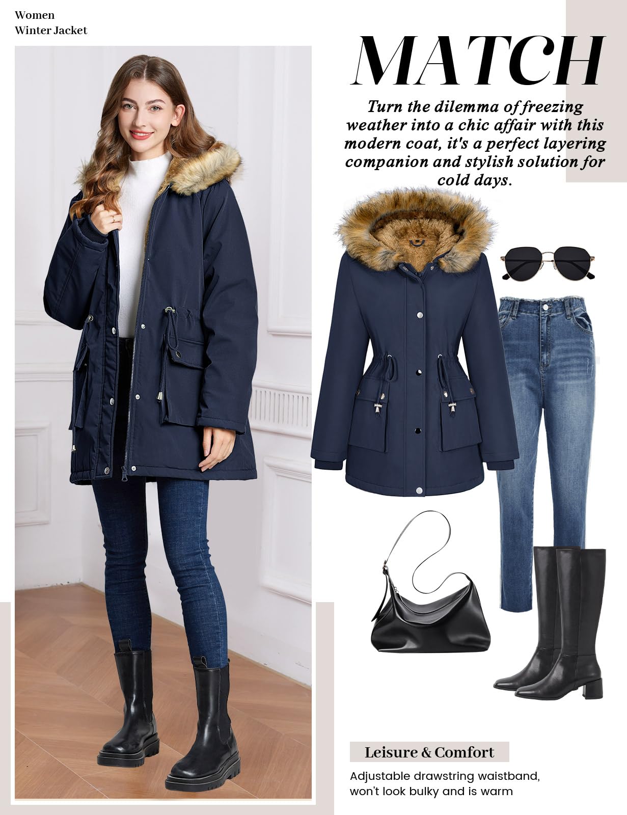 Lonya Manteau Femme Hiver Parka - Veste Polaire Imperméables Manteau à Capuche Zippé Chaud Blouson Doublure en Peluche Fausse Fourrure Parka Jacket Hooded Outercoat avec Poches