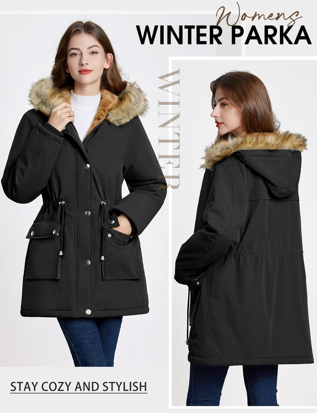 Lonya Manteau Femme Hiver Parka - Veste Polaire Imperméables Manteau à Capuche Zippé Chaud Blouson Doublure en Peluche Fausse Fourrure Parka Jacket Hooded Outercoat avec Poches