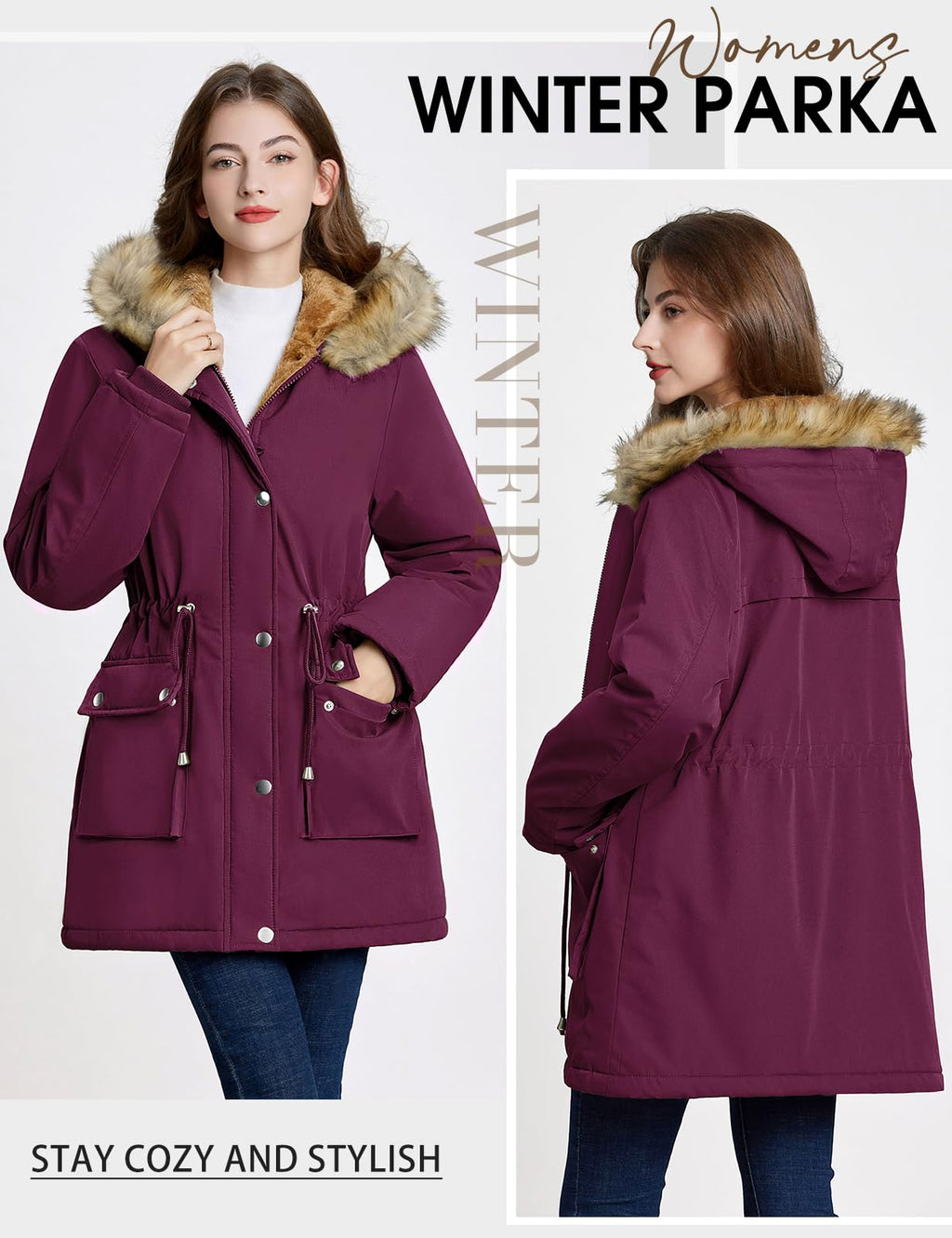 Lonya Manteau Femme Hiver Parka - Veste Polaire Imperméables Manteau à Capuche Zippé Chaud Blouson Doublure en Peluche Fausse Fourrure Parka Jacket Hooded Outercoat avec Poches