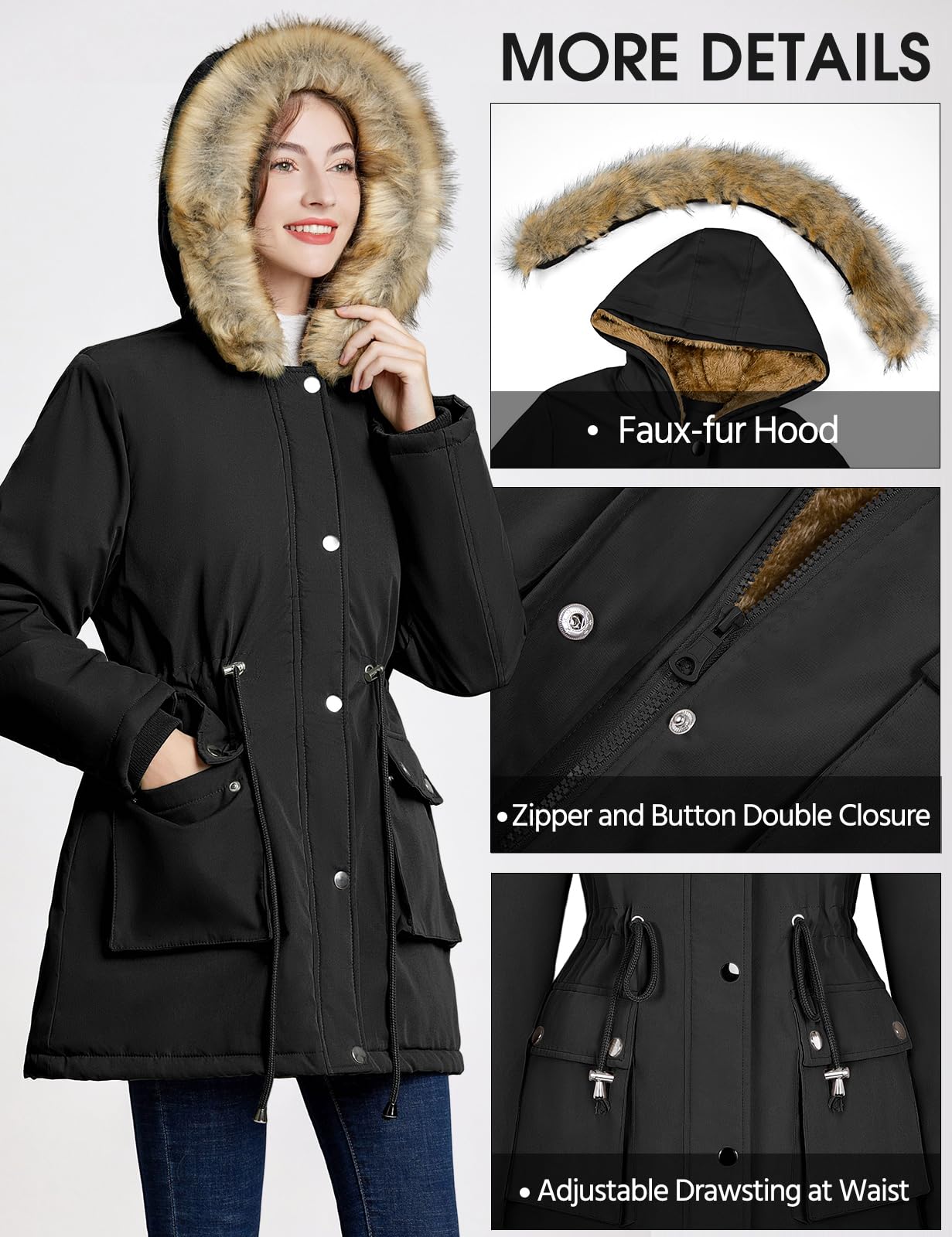 Lonya Manteau Femme Hiver Parka - Veste Polaire Imperméables Manteau à Capuche Zippé Chaud Blouson Doublure en Peluche Fausse Fourrure Parka Jacket Hooded Outercoat avec Poches