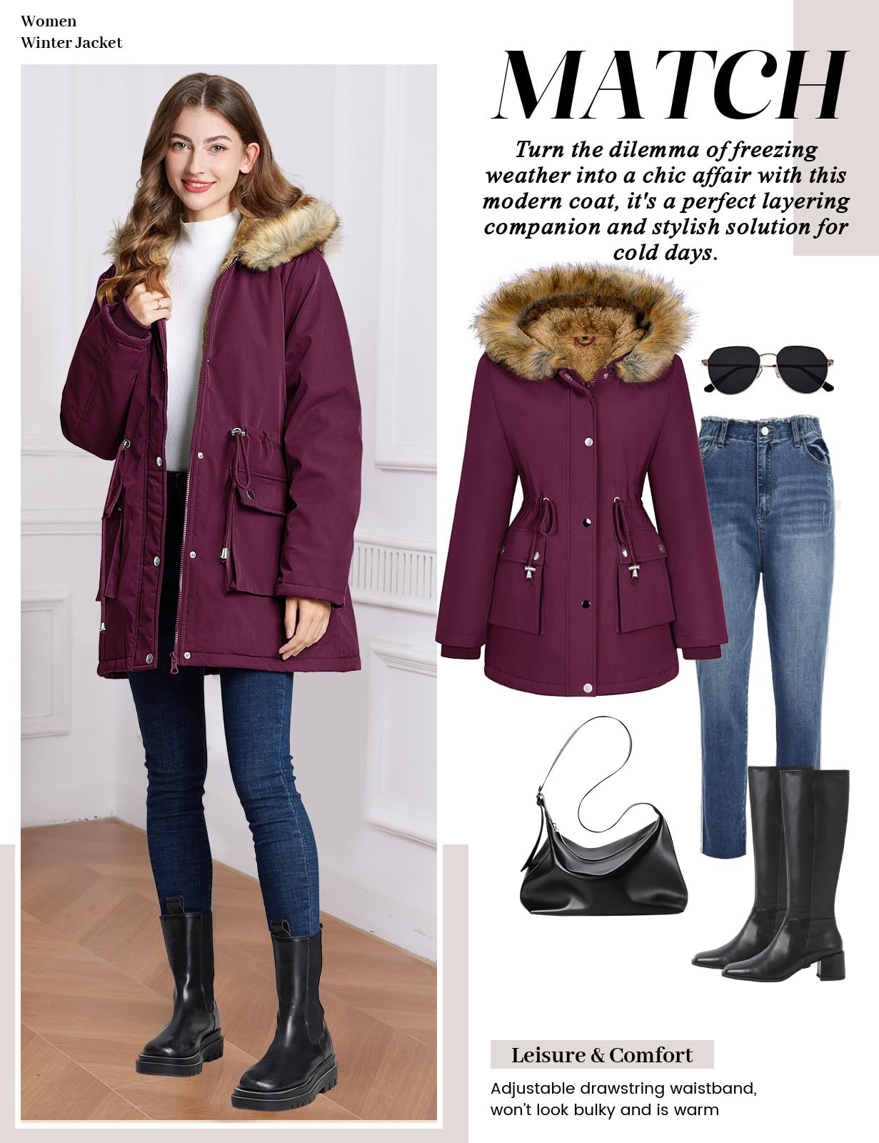 Lonya Manteau Femme Hiver Parka - Veste Polaire Imperméables Manteau à Capuche Zippé Chaud Blouson Doublure en Peluche Fausse Fourrure Parka Jacket Hooded Outercoat avec Poches