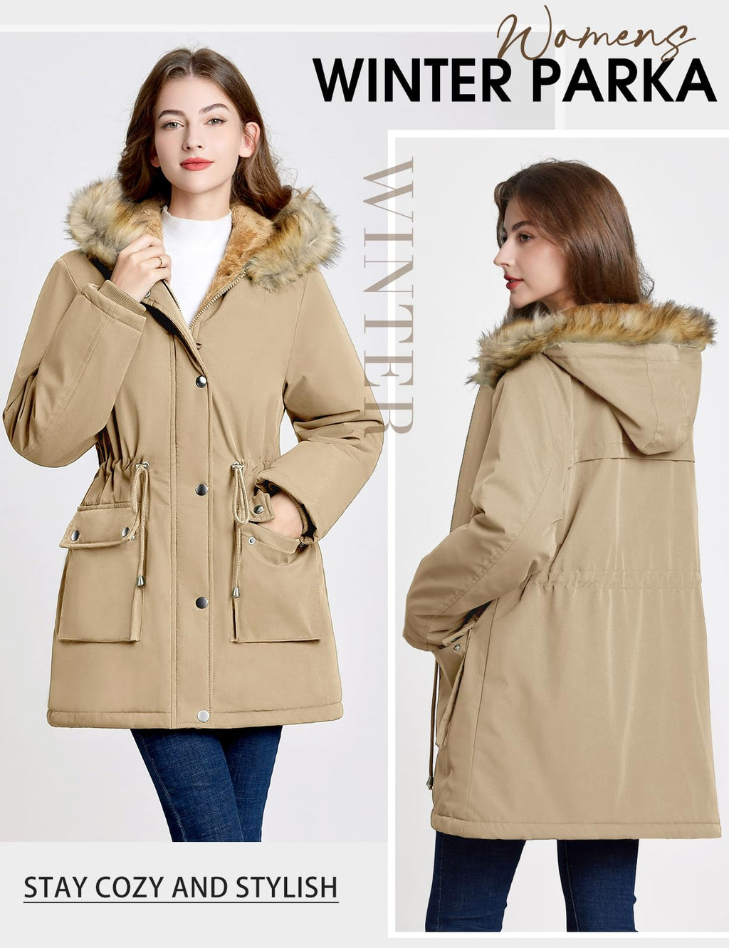 Lonya Manteau Femme Hiver Parka - Veste Polaire Imperméables Manteau à Capuche Zippé Chaud Blouson Doublure en Peluche Fausse Fourrure Parka Jacket Hooded Outercoat avec Poches