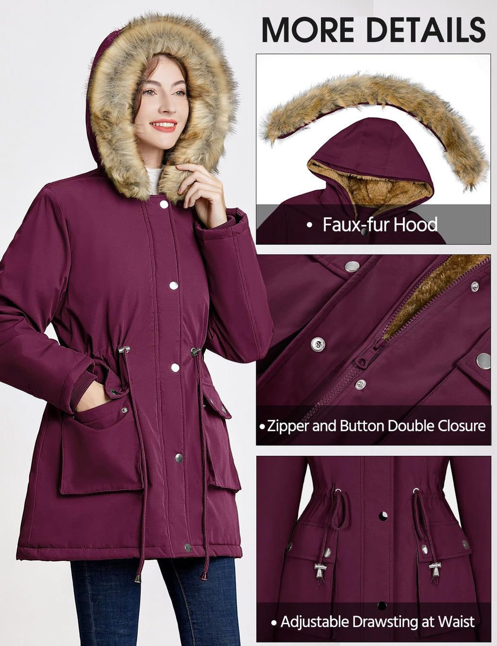 Lonya Manteau Femme Hiver Parka - Veste Polaire Imperméables Manteau à Capuche Zippé Chaud Blouson Doublure en Peluche Fausse Fourrure Parka Jacket Hooded Outercoat avec Poches