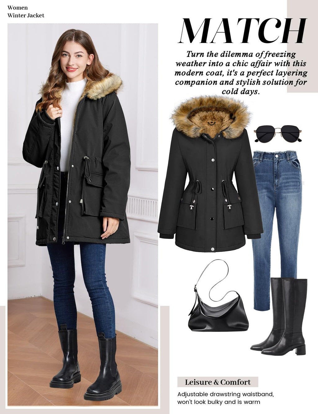 Lonya Manteau Femme Hiver Parka - Veste Polaire Imperméables Manteau à Capuche Zippé Chaud Blouson Doublure en Peluche Fausse Fourrure Parka Jacket Hooded Outercoat avec Poches