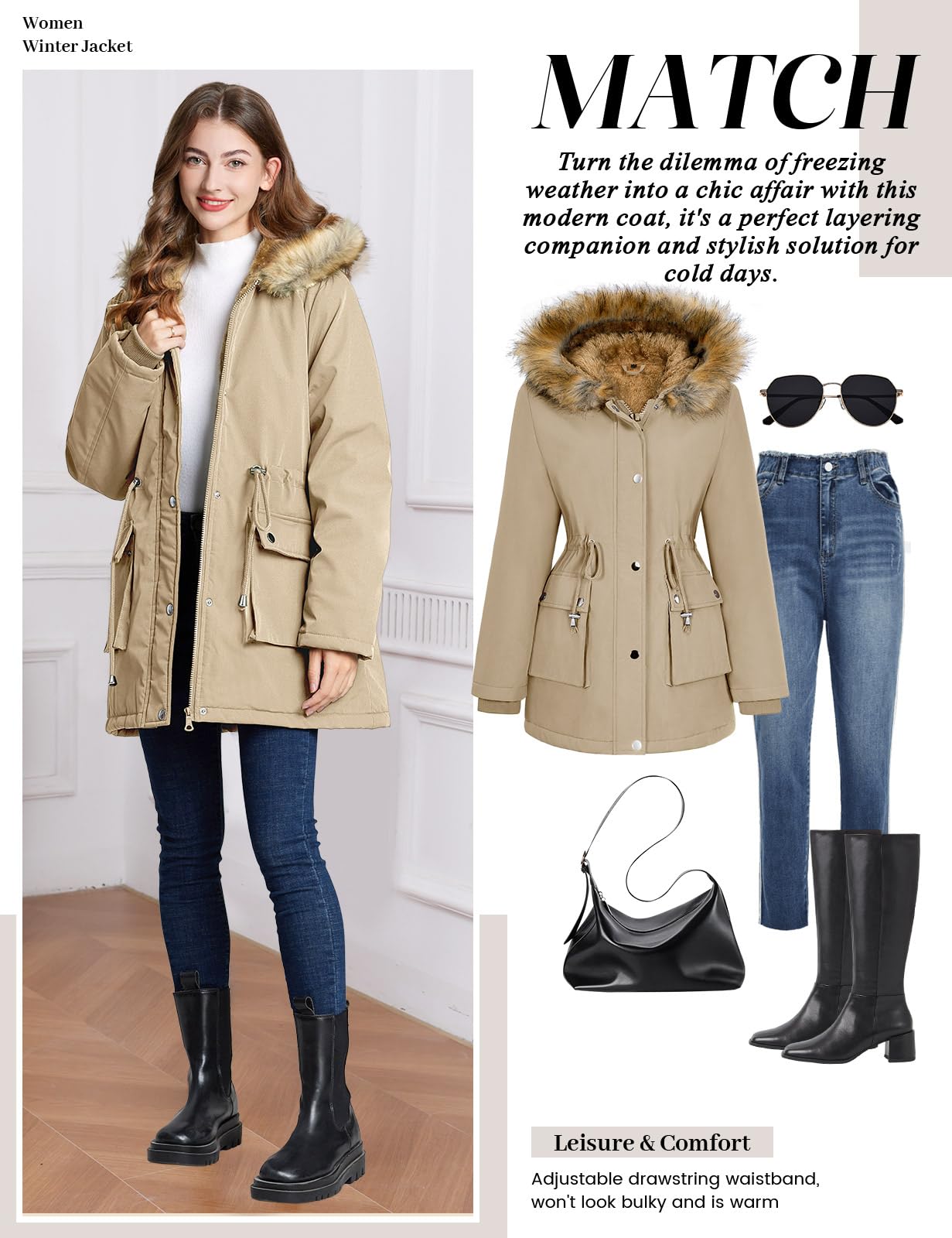 Lonya Manteau Femme Hiver Parka - Veste Polaire Imperméables Manteau à Capuche Zippé Chaud Blouson Doublure en Peluche Fausse Fourrure Parka Jacket Hooded Outercoat avec Poches