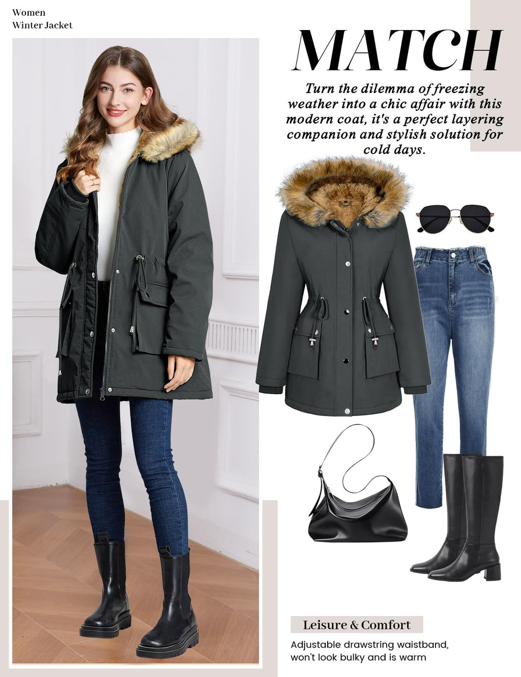 Lonya Manteau Femme Hiver Parka - Veste Polaire Imperméables Manteau à Capuche Zippé Chaud Blouson Doublure en Peluche Fausse Fourrure Parka Jacket Hooded Outercoat avec Poches