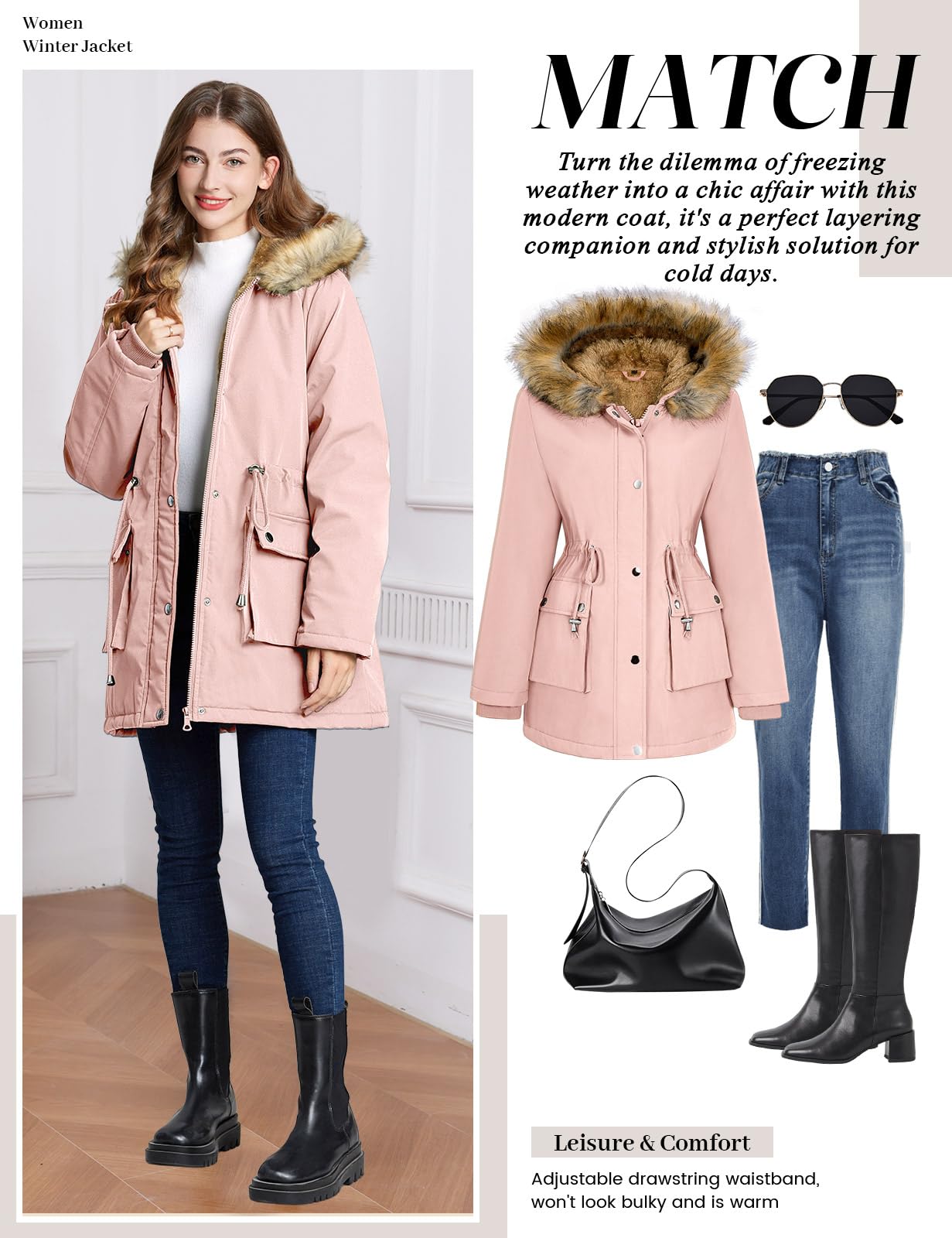 Lonya Manteau Femme Hiver Parka - Veste Polaire Imperméables Manteau à Capuche Zippé Chaud Blouson Doublure en Peluche Fausse Fourrure Parka Jacket Hooded Outercoat avec Poches
