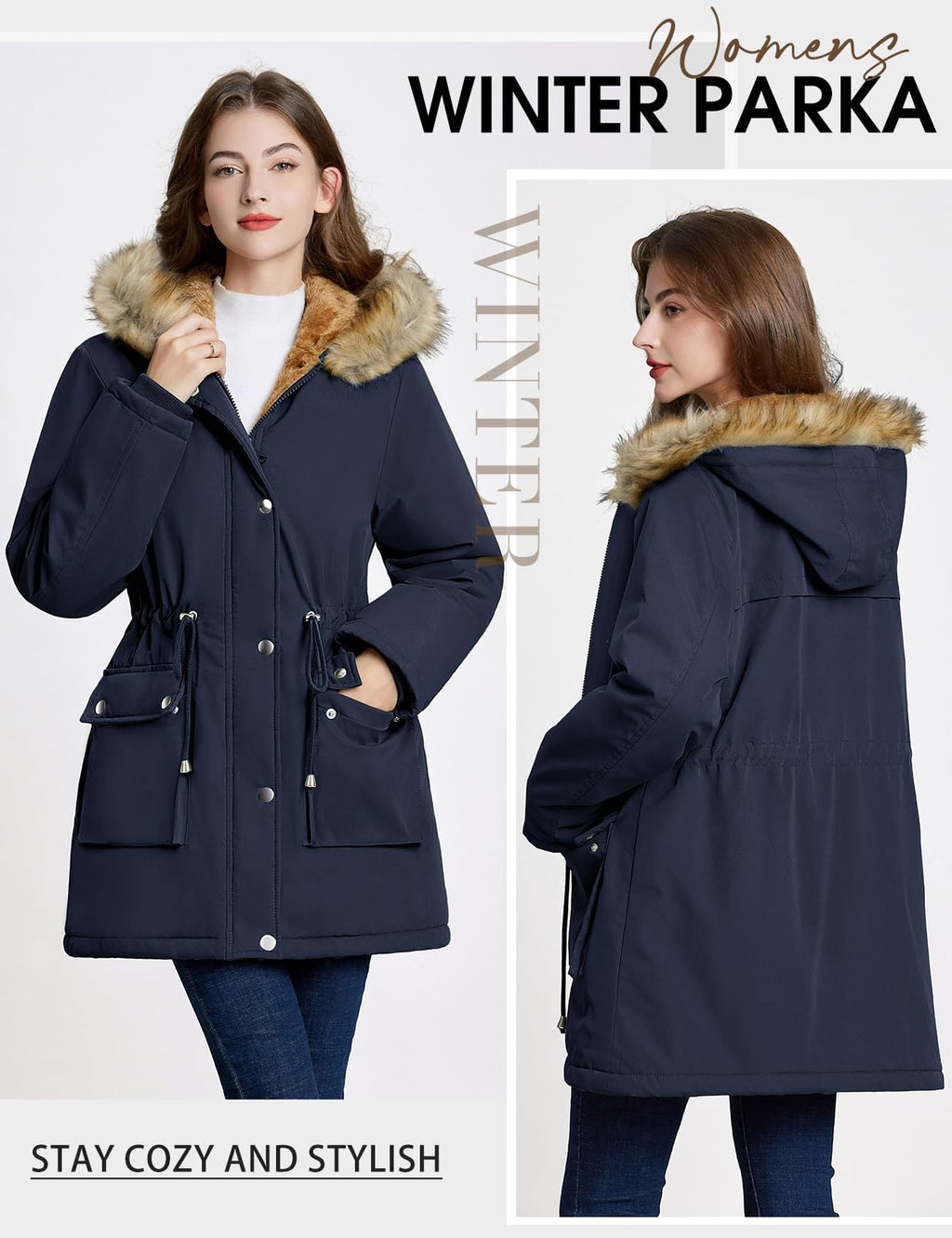 Lonya Manteau Femme Hiver Parka - Veste Polaire Imperméables Manteau à Capuche Zippé Chaud Blouson Doublure en Peluche Fausse Fourrure Parka Jacket Hooded Outercoat avec Poches