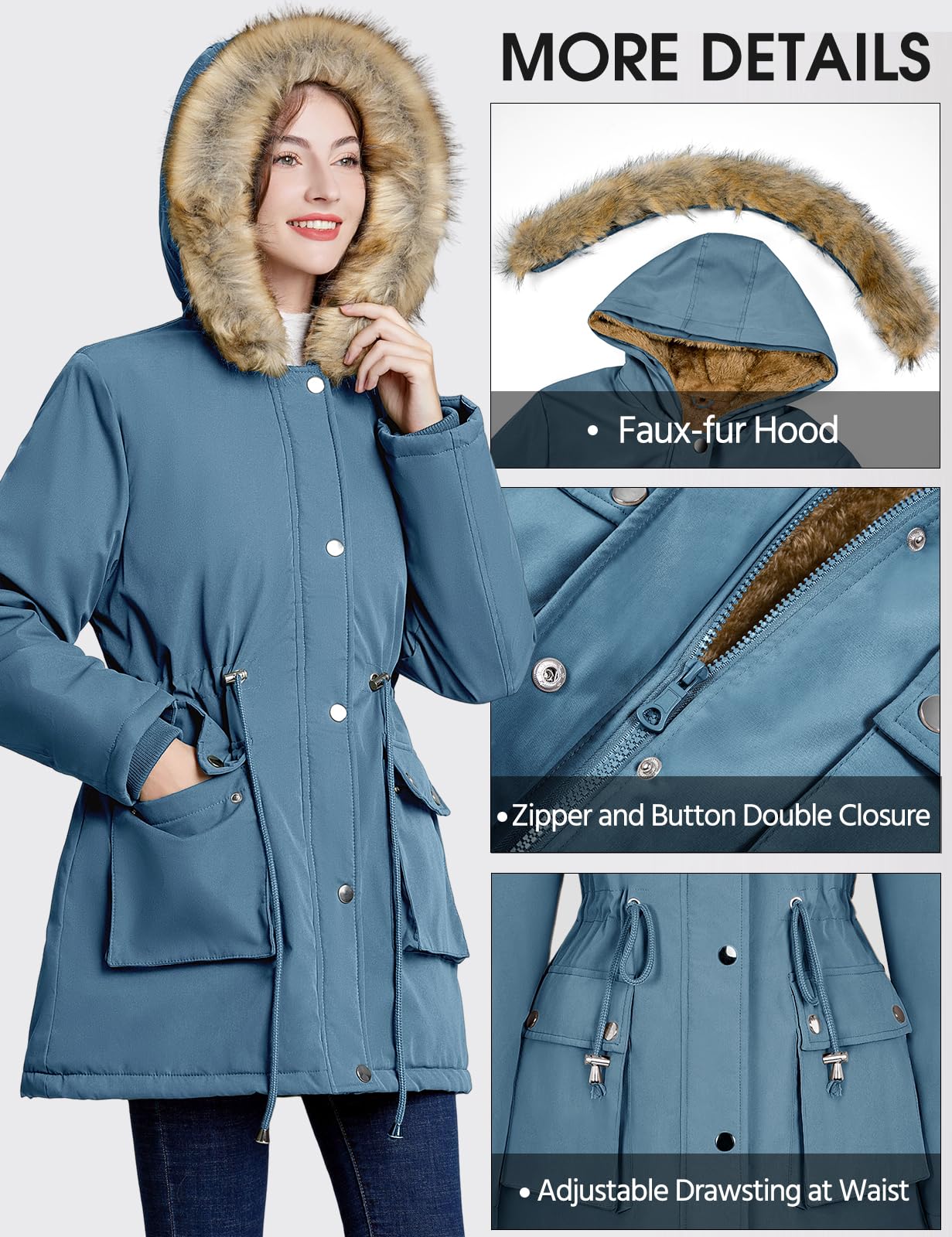 Lonya Manteau Femme Hiver Parka - Veste Polaire Imperméables Manteau à Capuche Zippé Chaud Blouson Doublure en Peluche Fausse Fourrure Parka Jacket Hooded Outercoat avec Poches