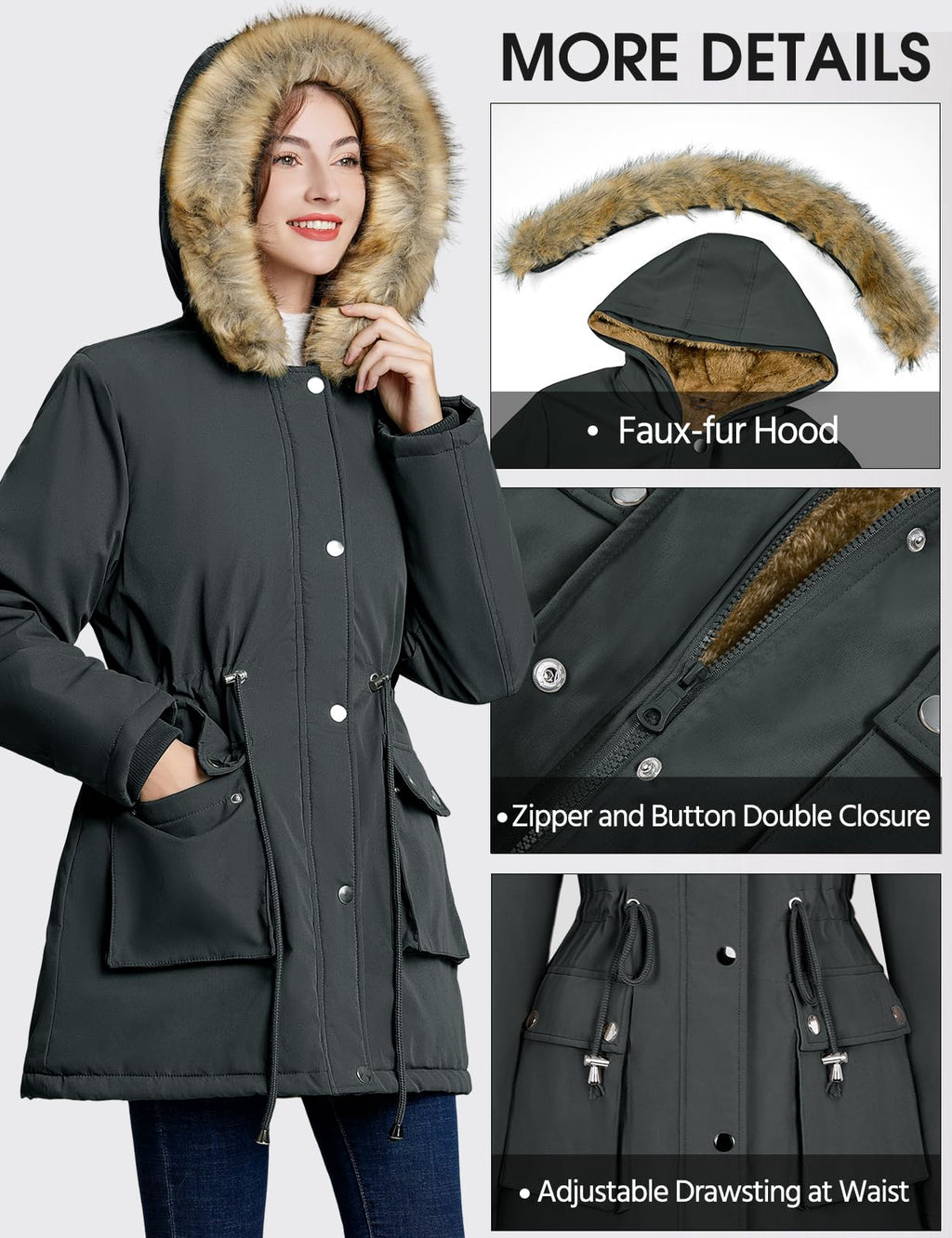 Lonya Manteau Femme Hiver Parka - Veste Polaire Imperméables Manteau à Capuche Zippé Chaud Blouson Doublure en Peluche Fausse Fourrure Parka Jacket Hooded Outercoat avec Poches