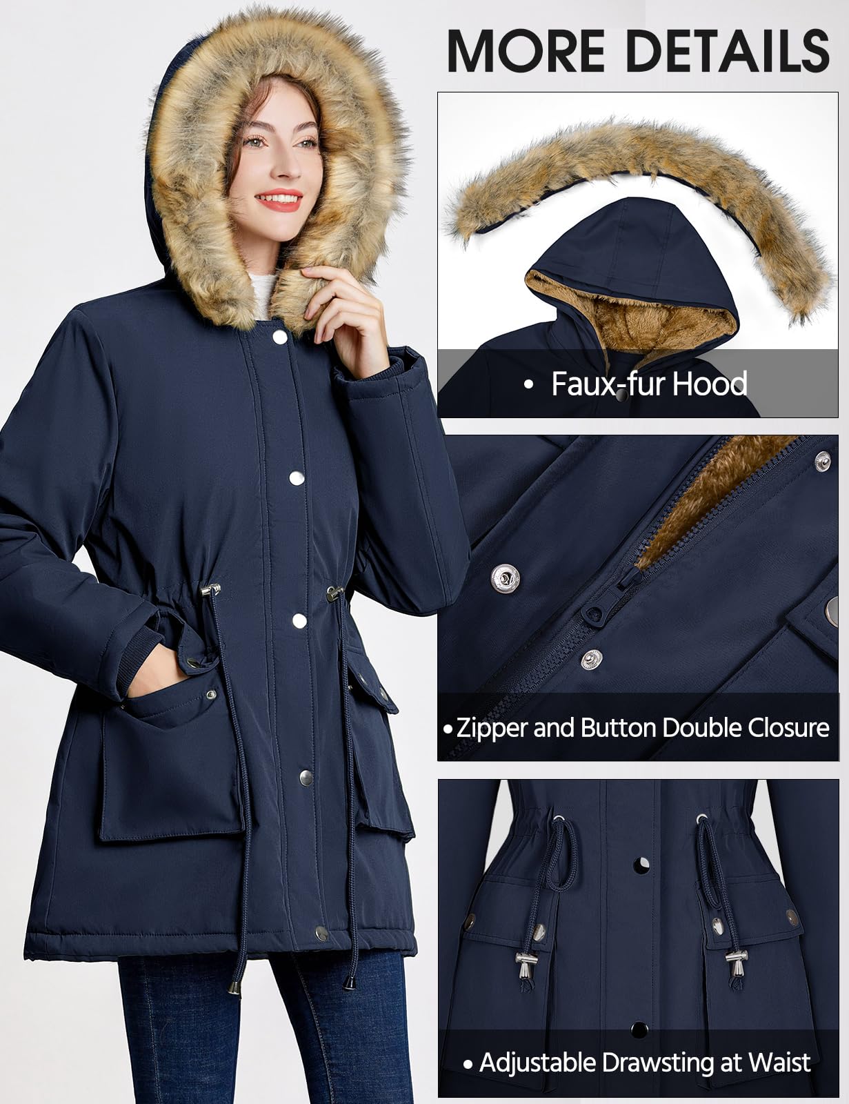 Lonya Manteau Femme Hiver Parka - Veste Polaire Imperméables Manteau à Capuche Zippé Chaud Blouson Doublure en Peluche Fausse Fourrure Parka Jacket Hooded Outercoat avec Poches