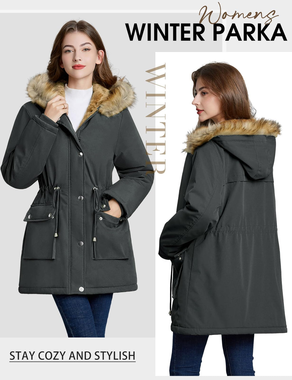 Lonya Manteau Femme Hiver Parka - Veste Polaire Imperméables Manteau à Capuche Zippé Chaud Blouson Doublure en Peluche Fausse Fourrure Parka Jacket Hooded Outercoat avec Poches