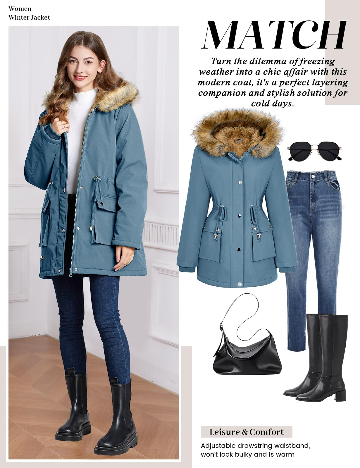 Lonya Manteau Femme Hiver Parka - Veste Polaire Imperméables Manteau à Capuche Zippé Chaud Blouson Doublure en Peluche Fausse Fourrure Parka Jacket Hooded Outercoat avec Poches