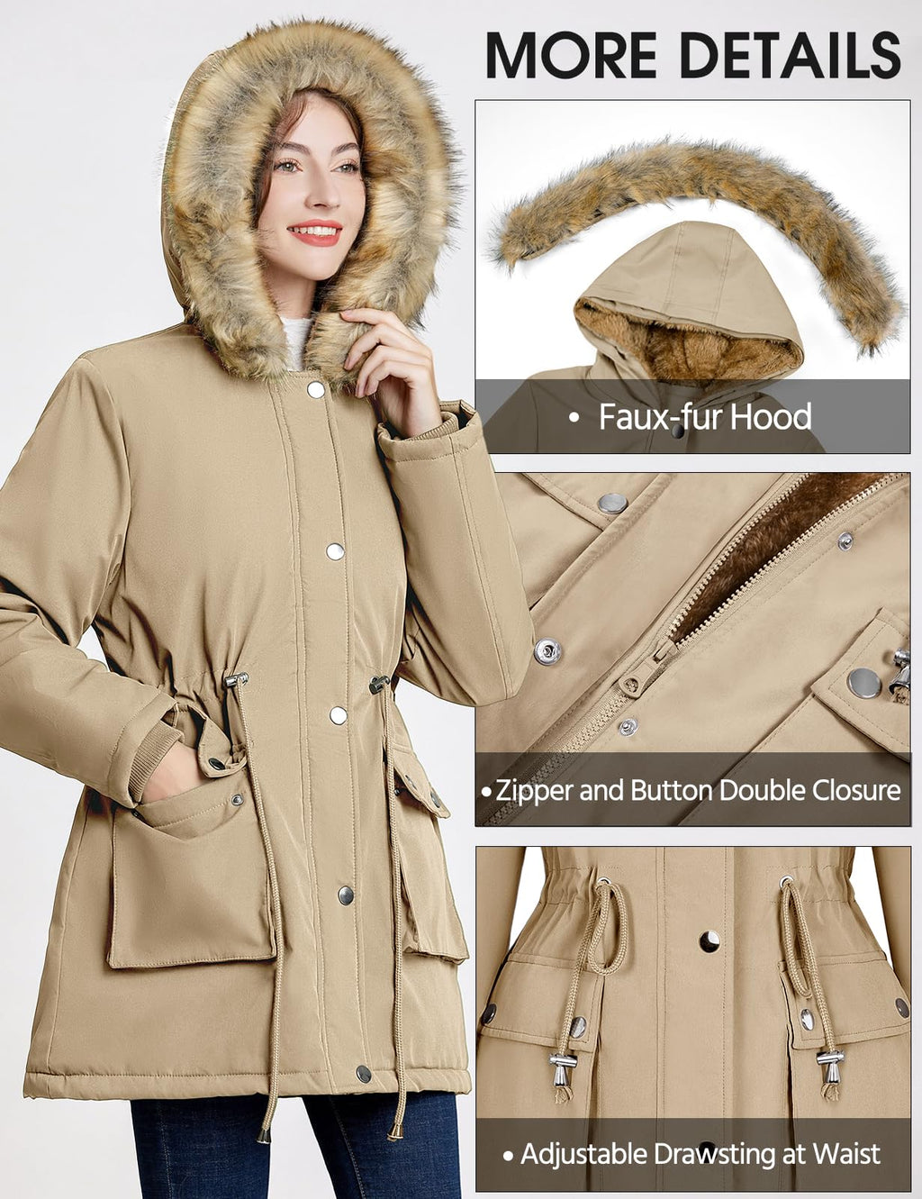 Lonya Manteau Femme Hiver Parka - Veste Polaire Imperméables Manteau à Capuche Zippé Chaud Blouson Doublure en Peluche Fausse Fourrure Parka Jacket Hooded Outercoat avec Poches