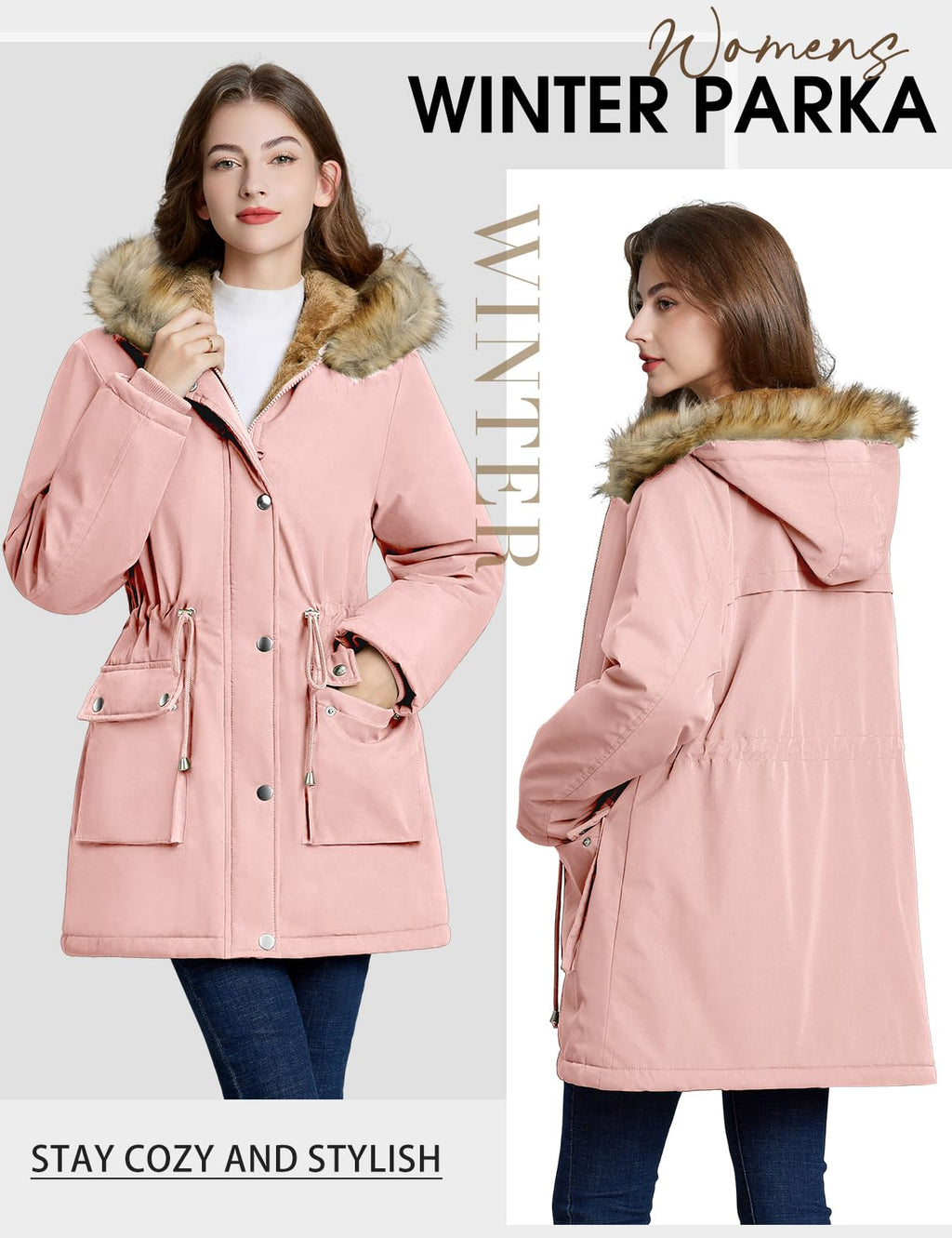 Lonya Manteau Femme Hiver Parka - Veste Polaire Imperméables Manteau à Capuche Zippé Chaud Blouson Doublure en Peluche Fausse Fourrure Parka Jacket Hooded Outercoat avec Poches