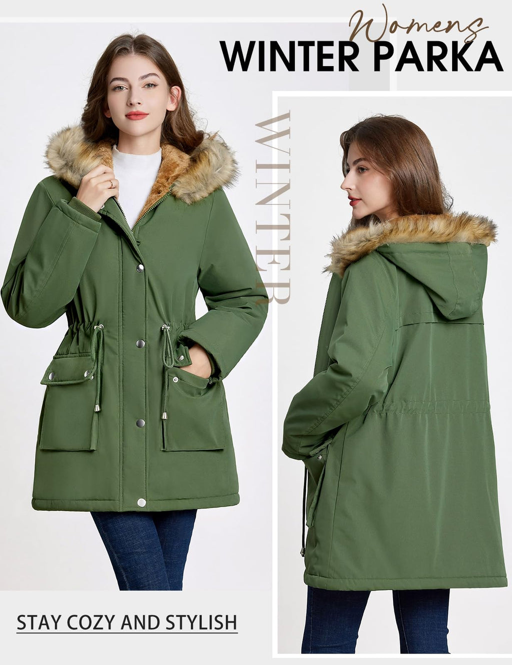 Lonya Manteau Femme Hiver Parka - Veste Polaire Imperméables Manteau à Capuche Zippé Chaud Blouson Doublure en Peluche Fausse Fourrure Parka Jacket Hooded Outercoat avec Poches