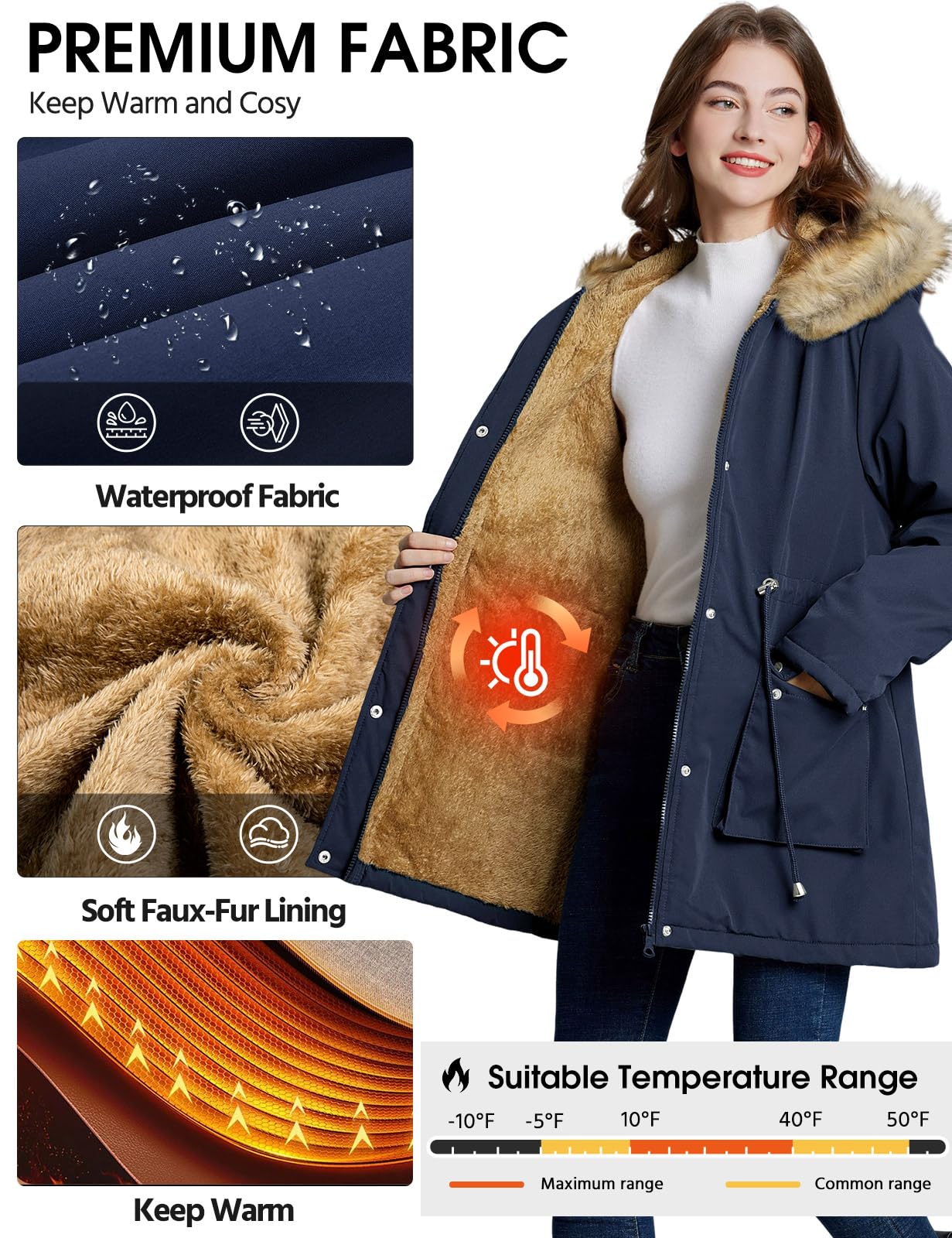 Lonya Manteau Femme Hiver Parka - Veste Polaire Imperméables Manteau à Capuche Zippé Chaud Blouson Doublure en Peluche Fausse Fourrure Parka Jacket Hooded Outercoat avec Poches