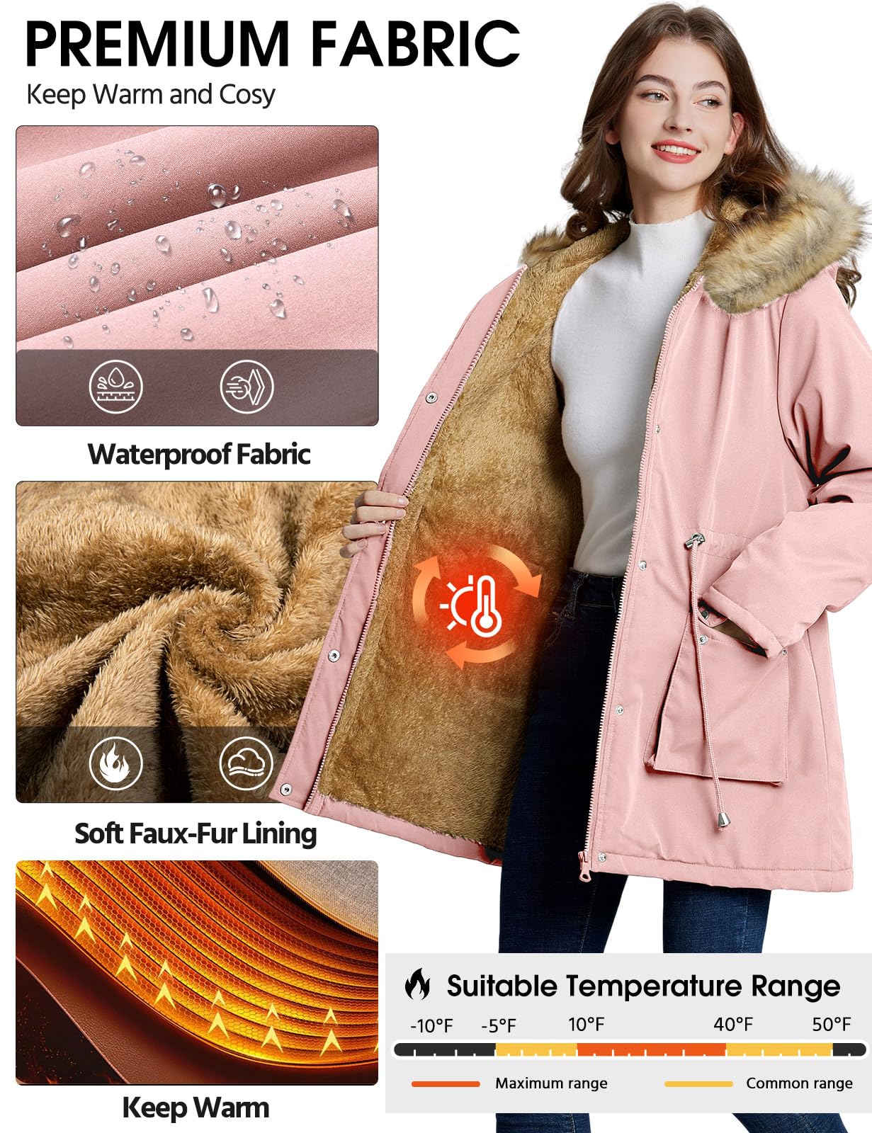 Lonya Manteau Femme Hiver Parka - Veste Polaire Imperméables Manteau à Capuche Zippé Chaud Blouson Doublure en Peluche Fausse Fourrure Parka Jacket Hooded Outercoat avec Poches