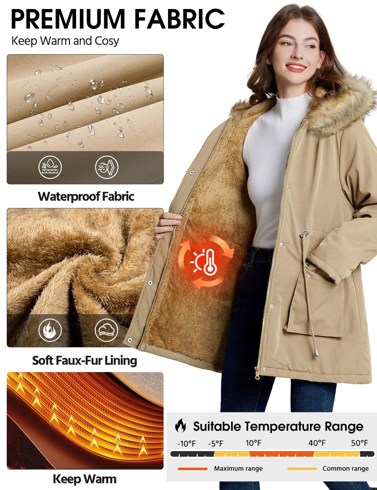 Lonya Manteau Femme Hiver Parka - Veste Polaire Imperméables Manteau à Capuche Zippé Chaud Blouson Doublure en Peluche Fausse Fourrure Parka Jacket Hooded Outercoat avec Poches