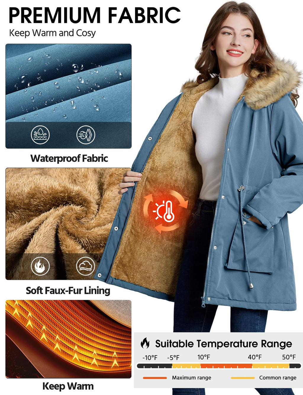 Lonya Manteau Femme Hiver Parka - Veste Polaire Imperméables Manteau à Capuche Zippé Chaud Blouson Doublure en Peluche Fausse Fourrure Parka Jacket Hooded Outercoat avec Poches