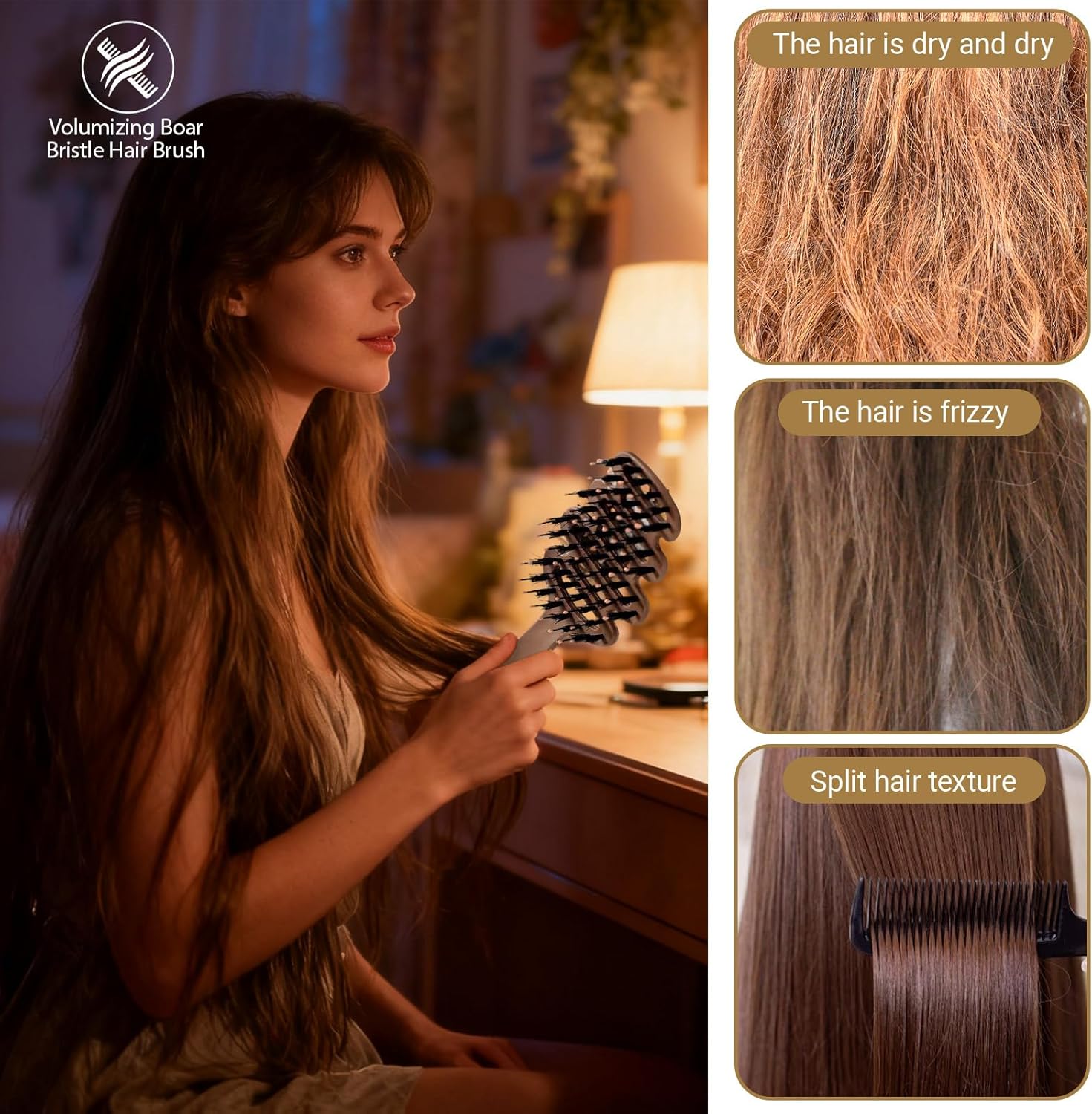 Brosse Pour Cheveux En Soies De Sanglier,Peigne Démêlant Courbé,Peigne - Pour Le Séchage Le Massage Le Coiffage Le Lissage Le Toilettage Les Cheveux Bouclés Le Voyage Le Salon La
